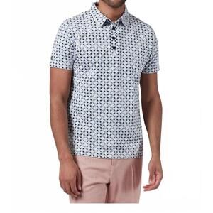 NEW 4FUNKYFLAVOURS keep it comin patterned polo shirt in white/ light blue